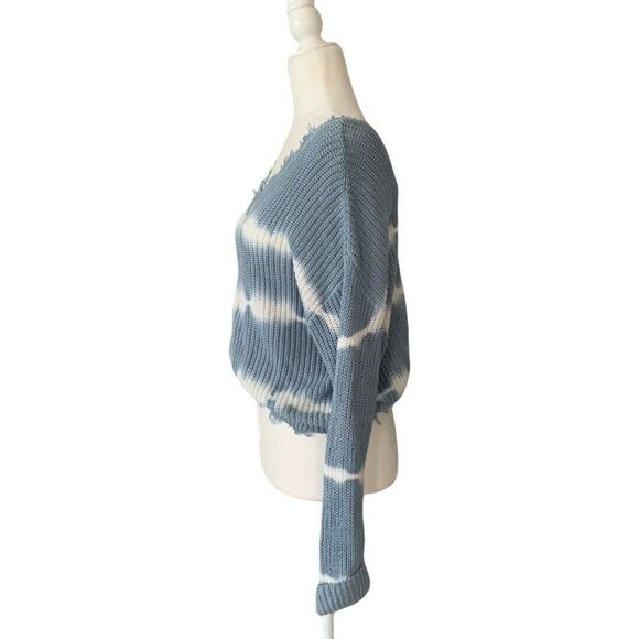 Jessica Simpson Frayed Cropped V Neck Sweater Knit Size Small Blue White Boho - Picture 5 of 9